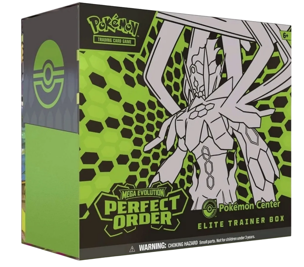 Pokémon Trading Card Game Mega Evolution Perfect Order Elite Trainer Box packaging, featuring a green and black honeycomb pattern with a white line-art illustration of a Pokémon character.