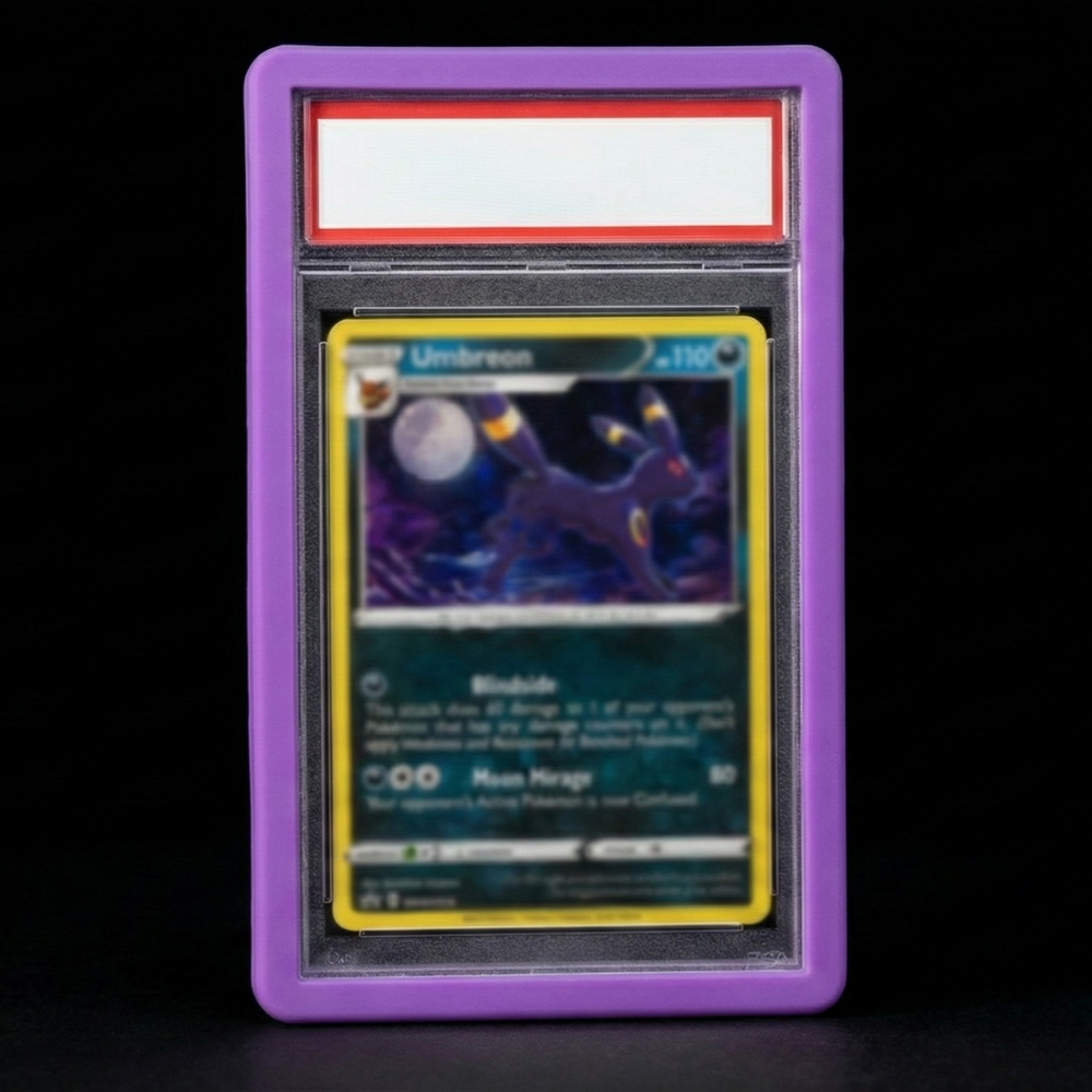 Trading card in a purple protective case on a black background