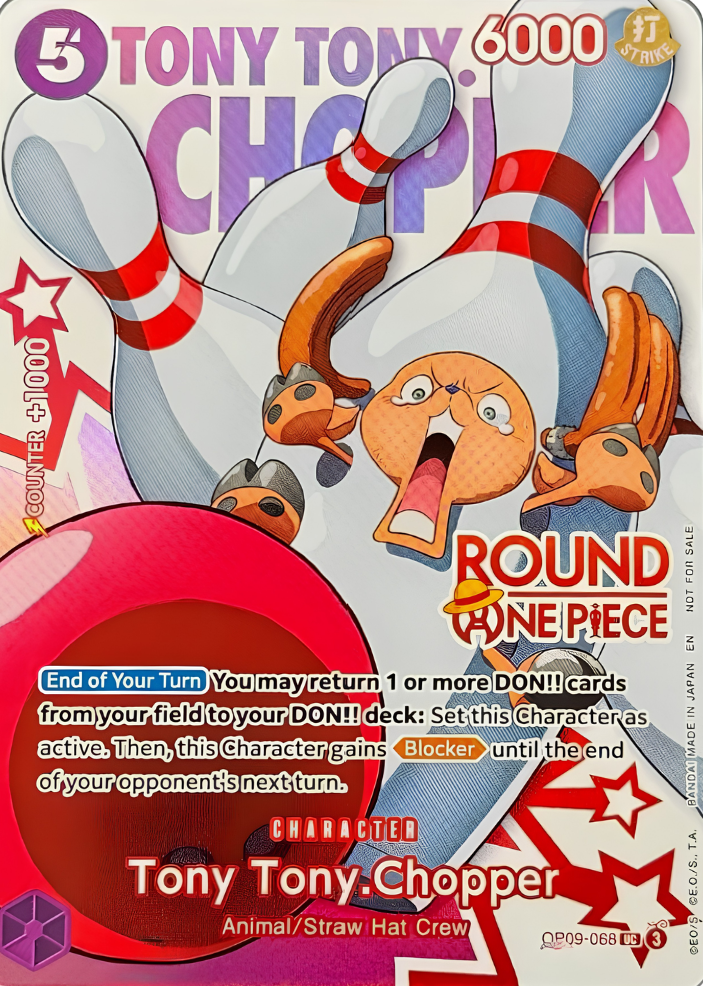 A collectible trading card featuring the character Tony Tony Chopper from One Piece, with illustrated bowling pins and a red bowling ball, plus printed game text and a One Piece logo.